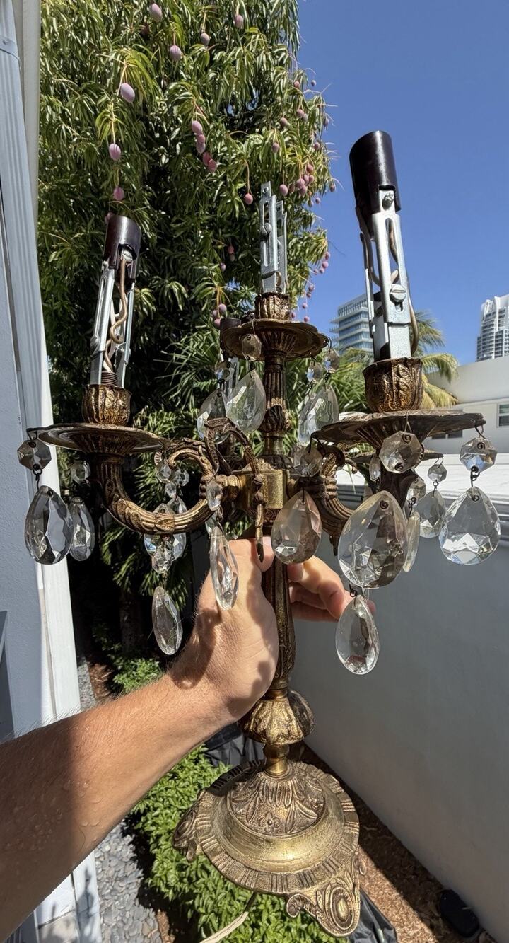 Vintage Brass Candelabra Table Lamp with Crystsl Prisms